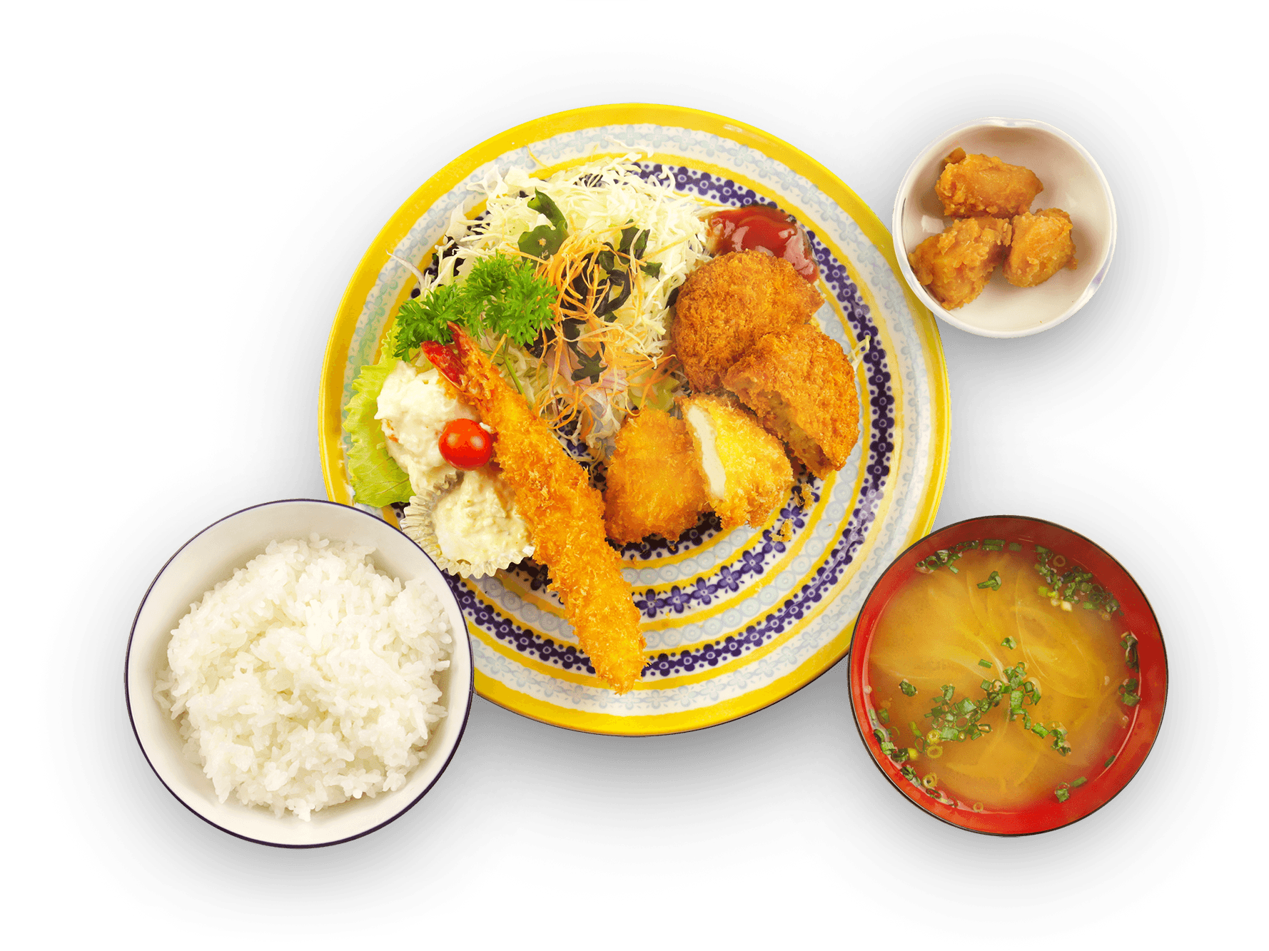 エビフライ、チキンカツ、コロッケ定食