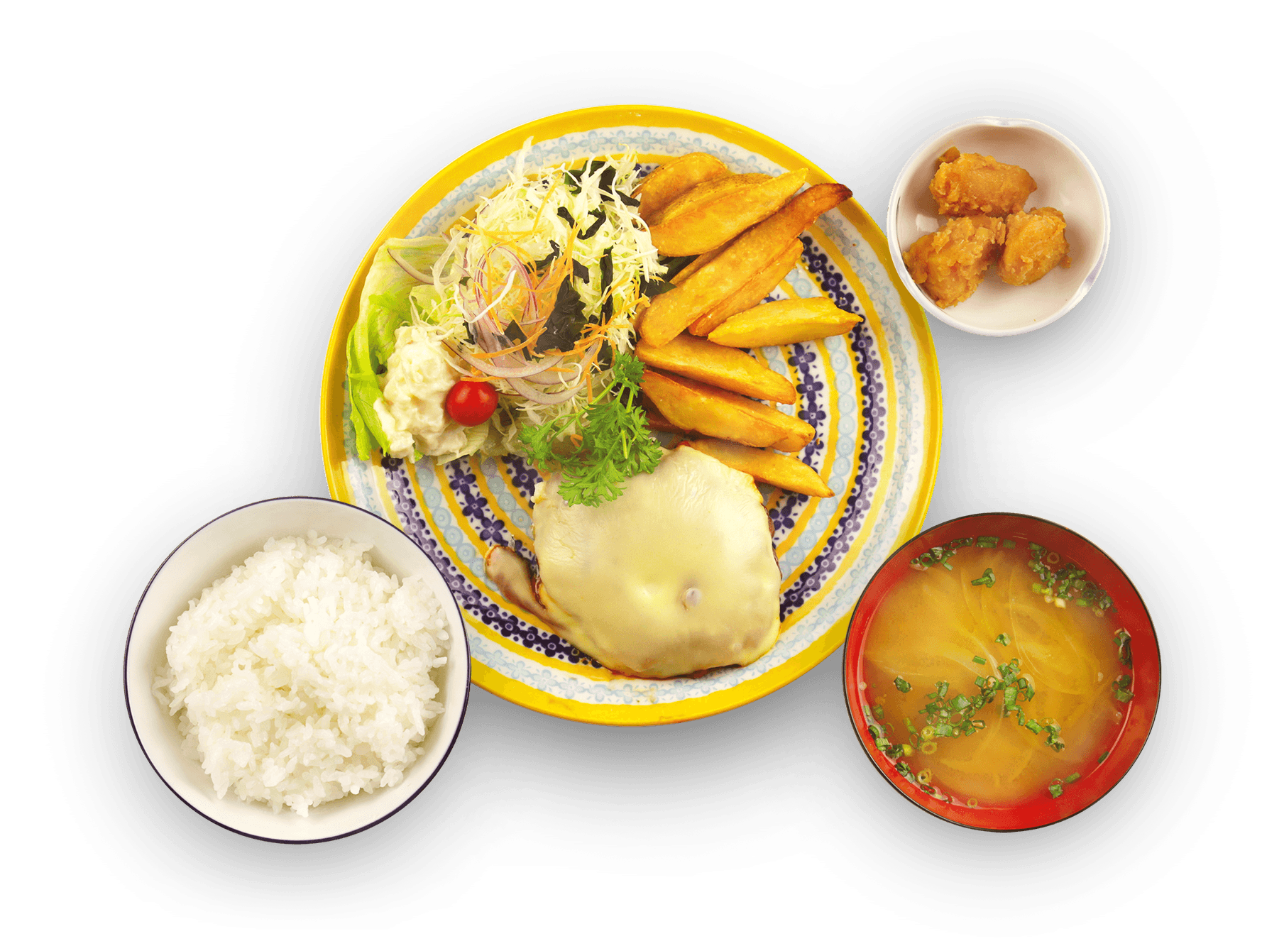 チーズハンバーグとフライドポテト定食